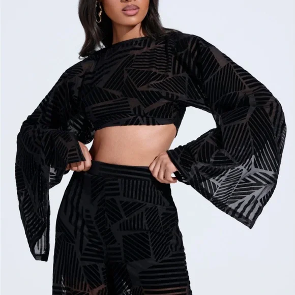 AKIRA’S Having Regrets About You See Through Black Velvet Geometric Pattern Top - Picture 3 of 7